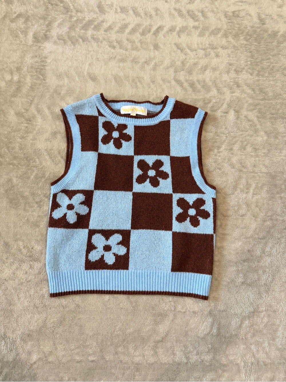 Sugar Moon Blue & Brown Floral Checkered Knit Sweater Vest Small 90s Y2K